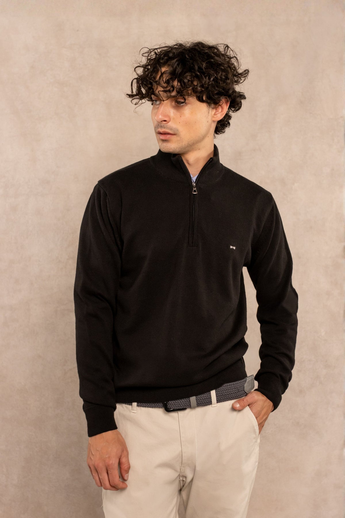 Halfzip Algodon Peinado Antiarrugas Negro