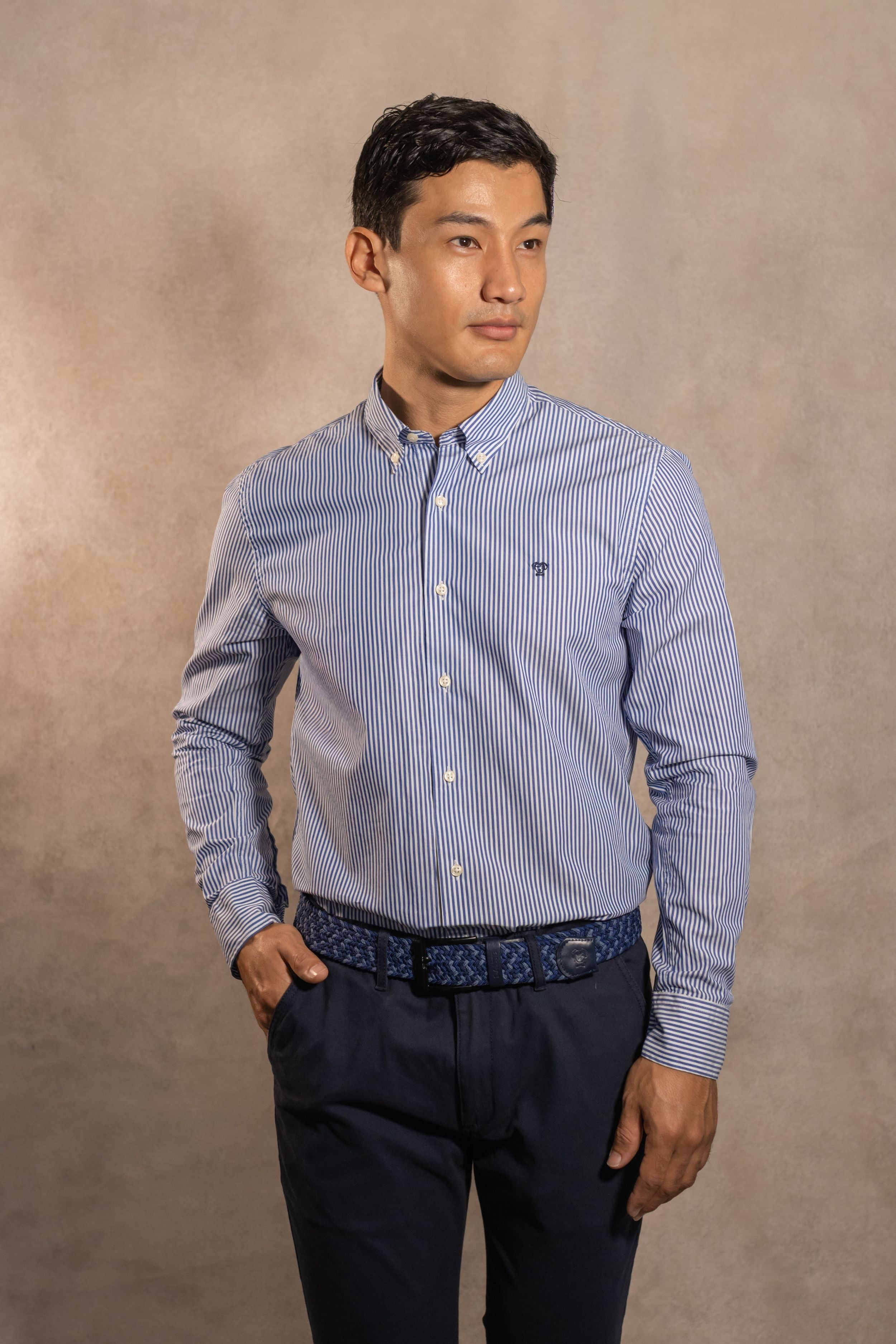 Camisa Antimanchas Popelina Rayas Azul Oscuro