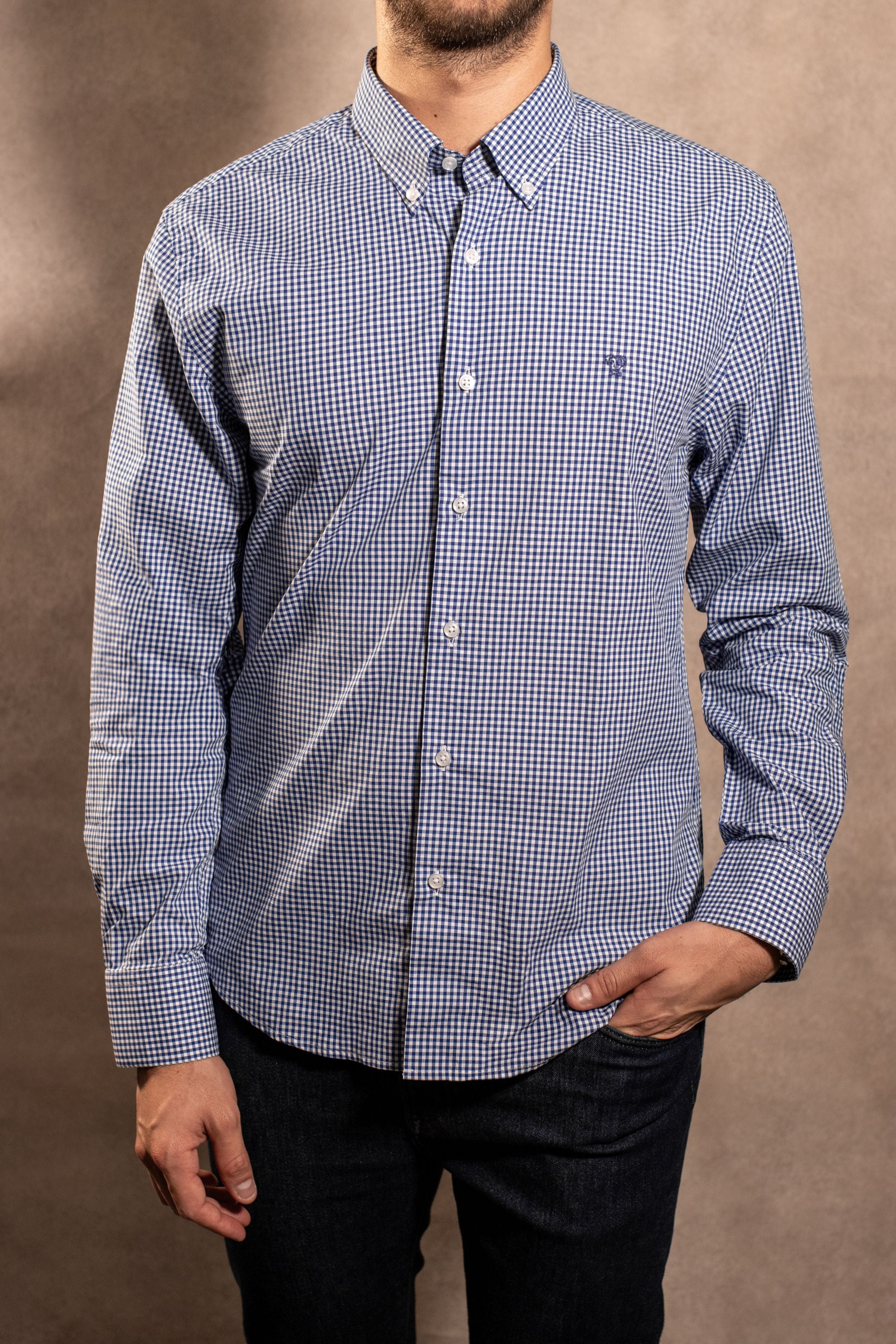 Camisa Antimanchas Popelina Cuadros Azul Oscuro Berna