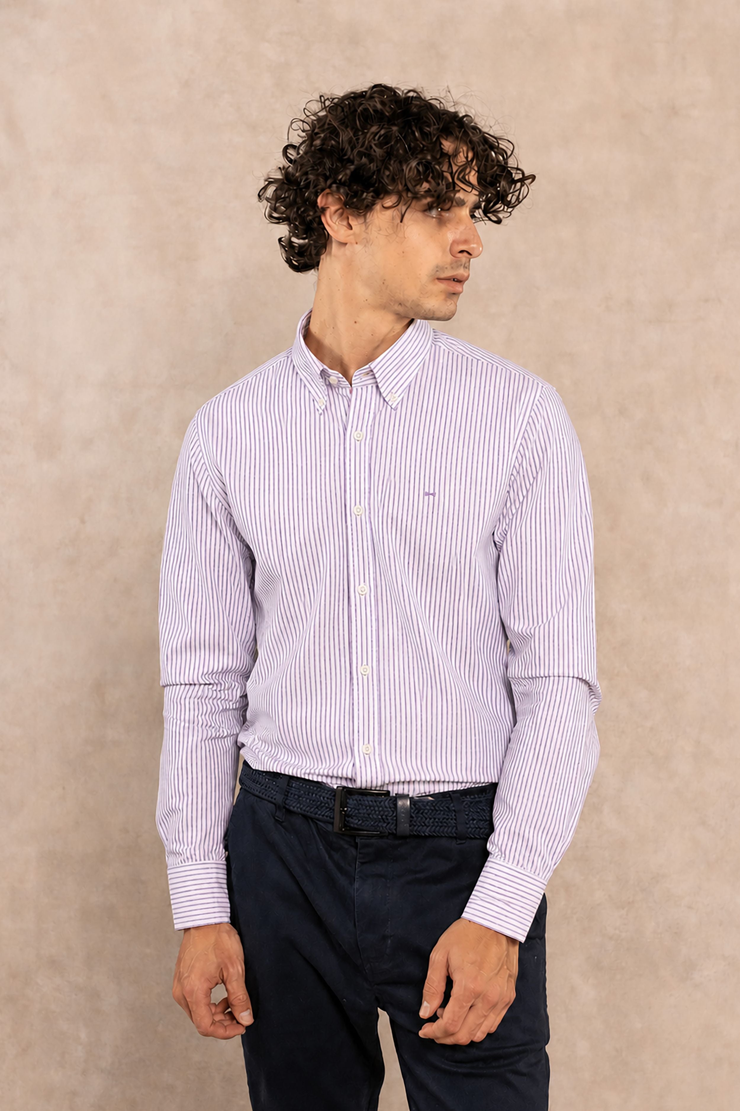 Camisa Antimanchas Popelina Rayas Lilac Logo Contraste