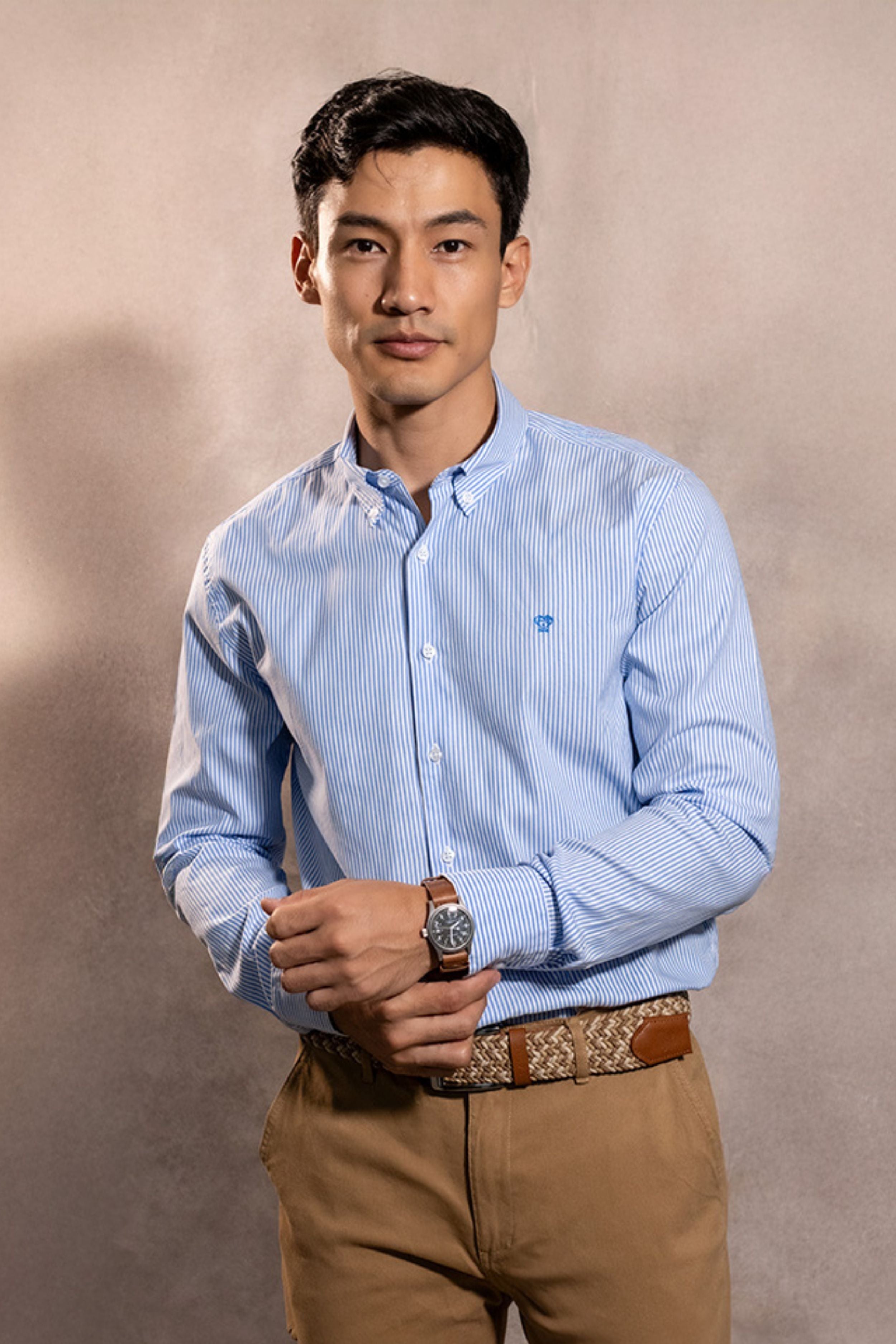 Camisa Antimanchas Oxford Rayas Azul Yale Logo Azul