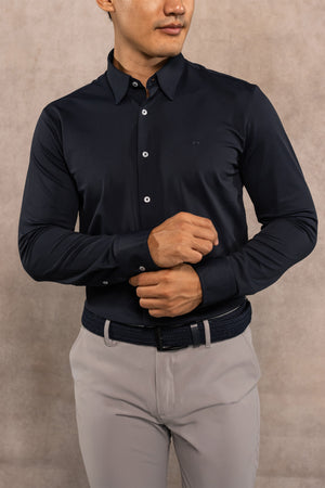 Camisa performance antiarrugas oxford azul oscuro para hombre marca DANTE regular fit foto espalda