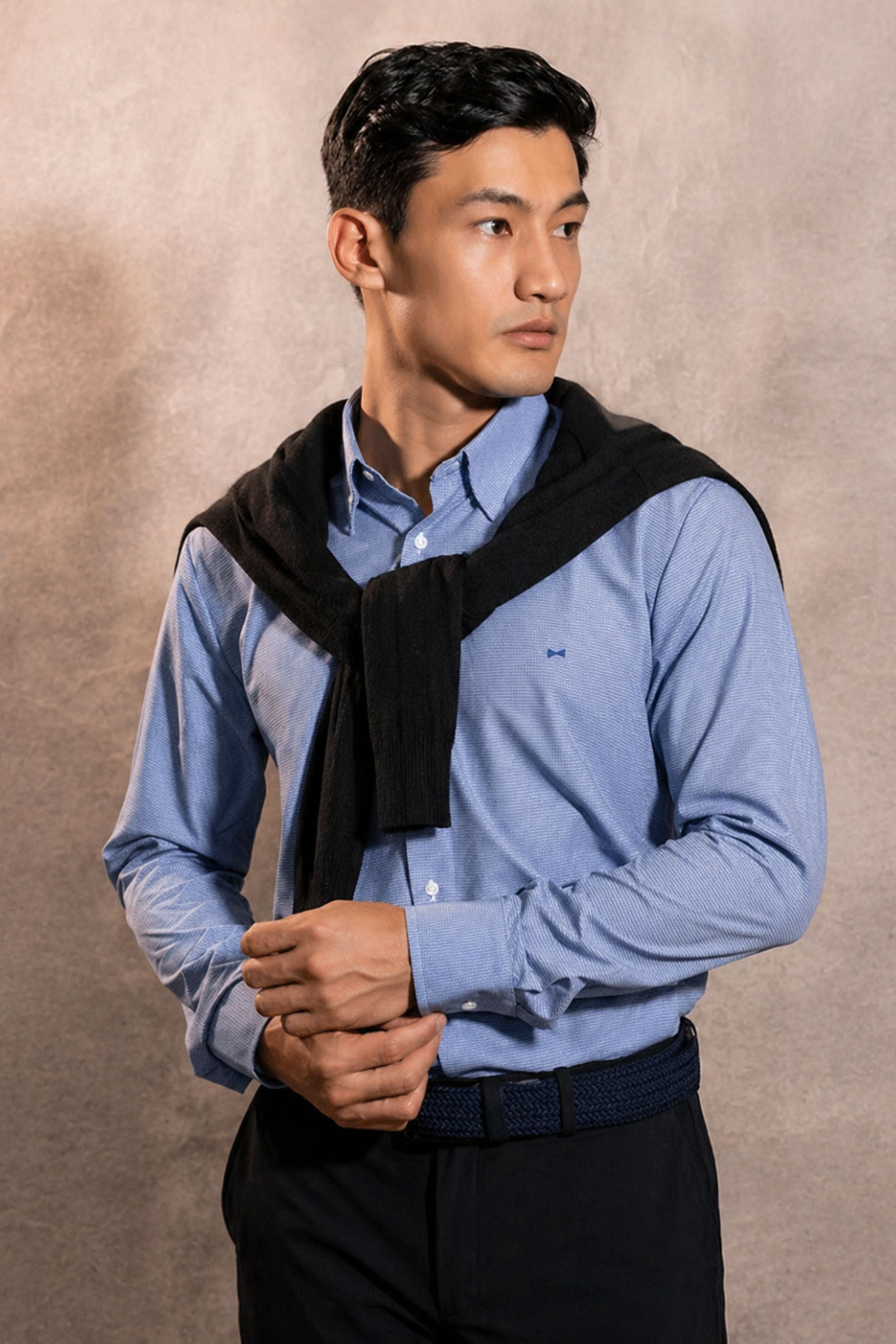 Camisa Performance Antiarrugas Cuadros Textura Azul Oscuro