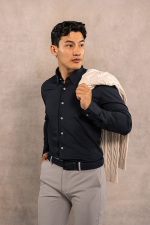 Camisa performance antiarrugas oxford azul oscuro para hombre marca DANTE regular fit foto frente