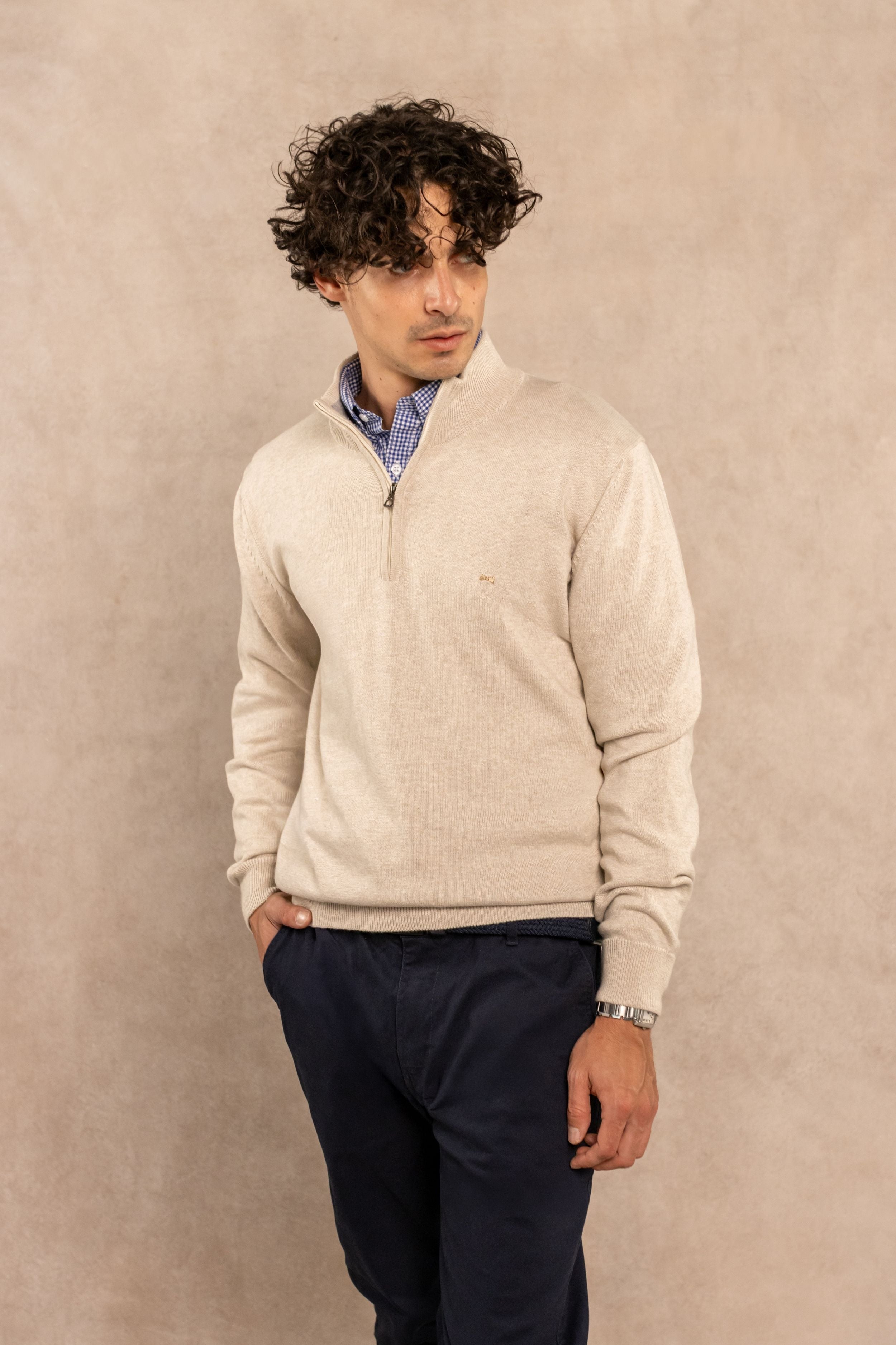 Halfzip Algodón Peinado Antiarrugas Marfil