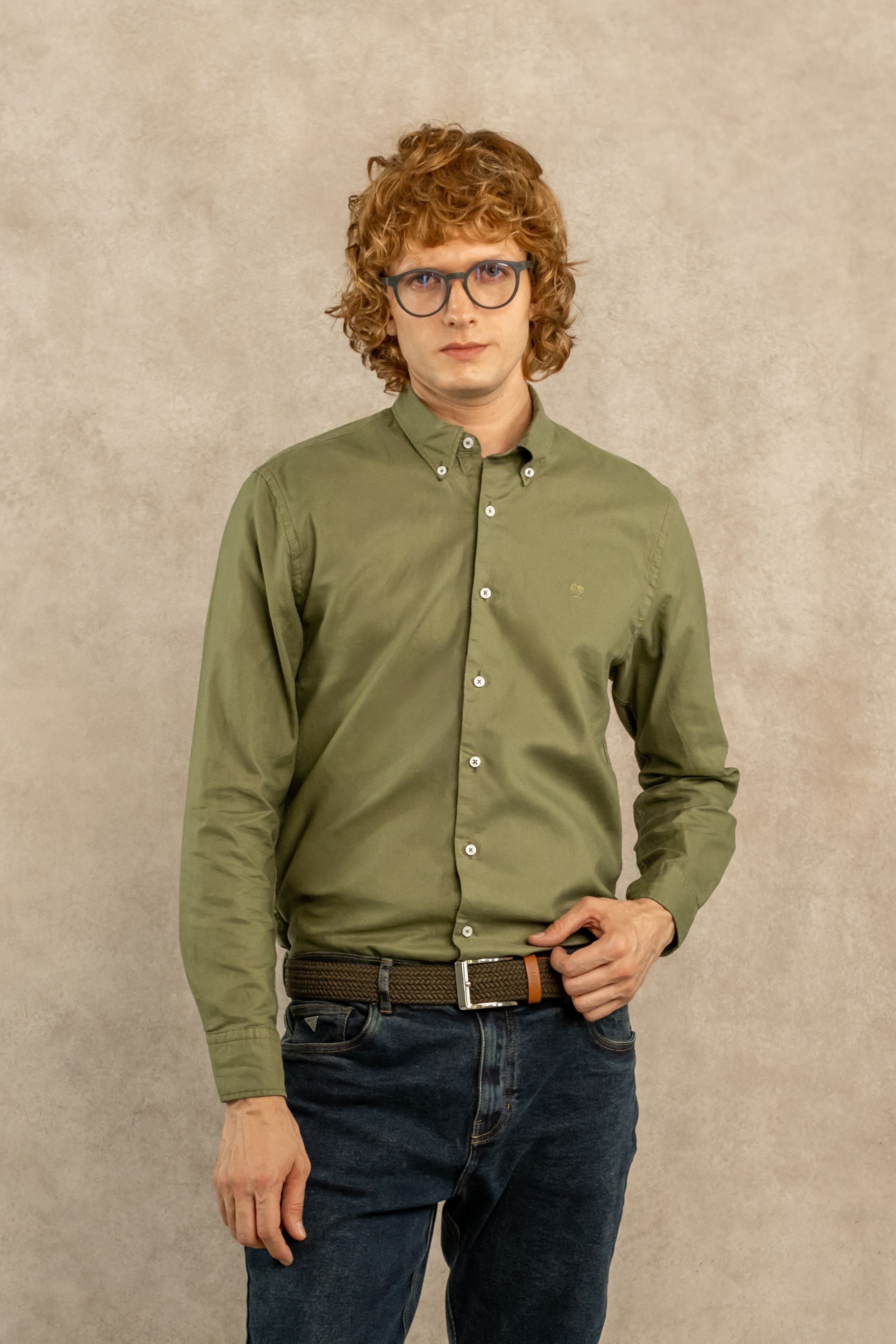 Camisa Antimanchas Oxford Verde Militar - Talla Regular