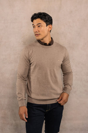 Suéter algodón peinado cuello redondo arena para hombre marca DANTE regular fit foto principal