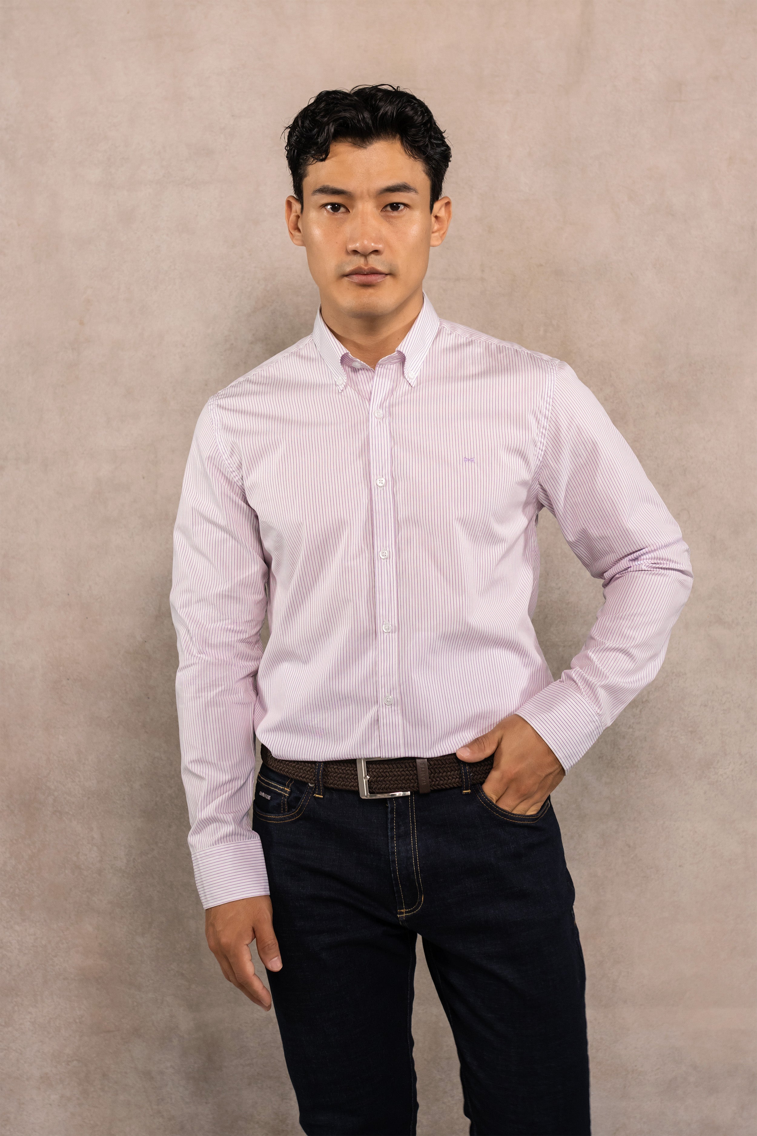 Camisa Antimanchas Popelina Rayas Lilac Logo Contraste