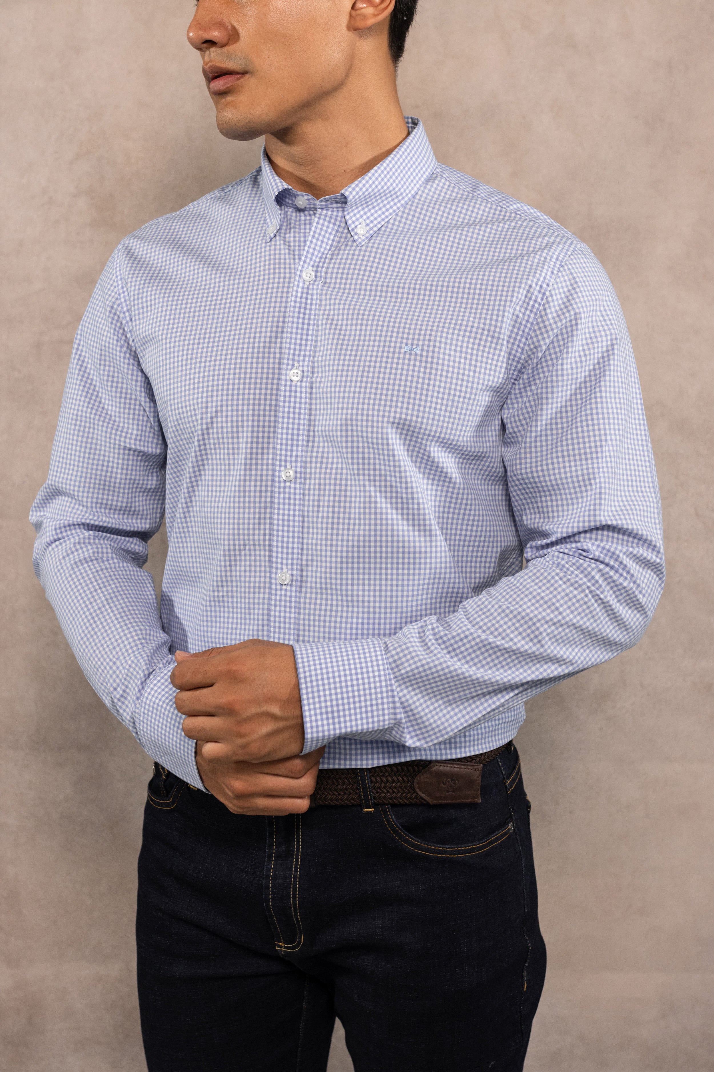 Camisa Antimanchas Popelina Cuadros Azul Claro Logo Combinado