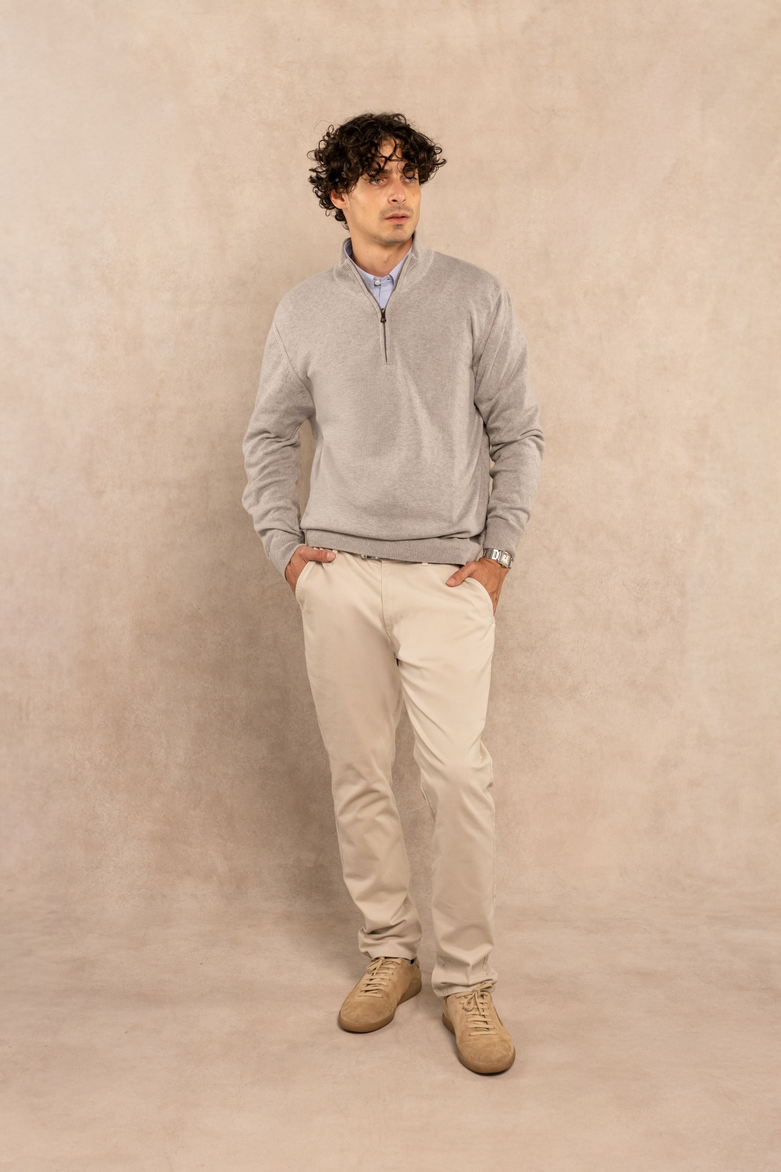Halfzip Algodon Peinado Antiarrugas Gris Claro