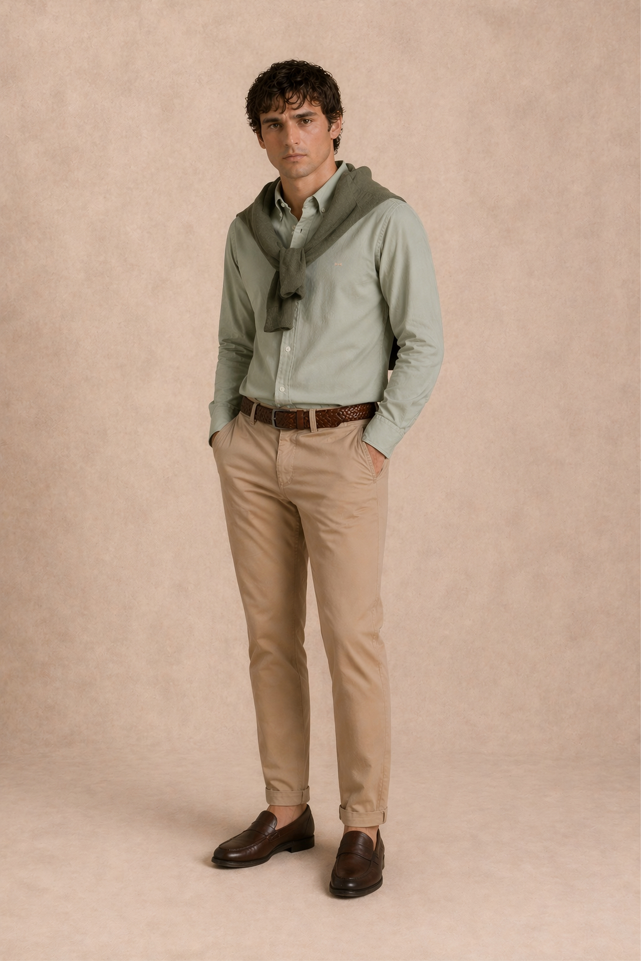 Camisa Antimanchas Oxford Verde Sage Logo Contraste - Talla Regular