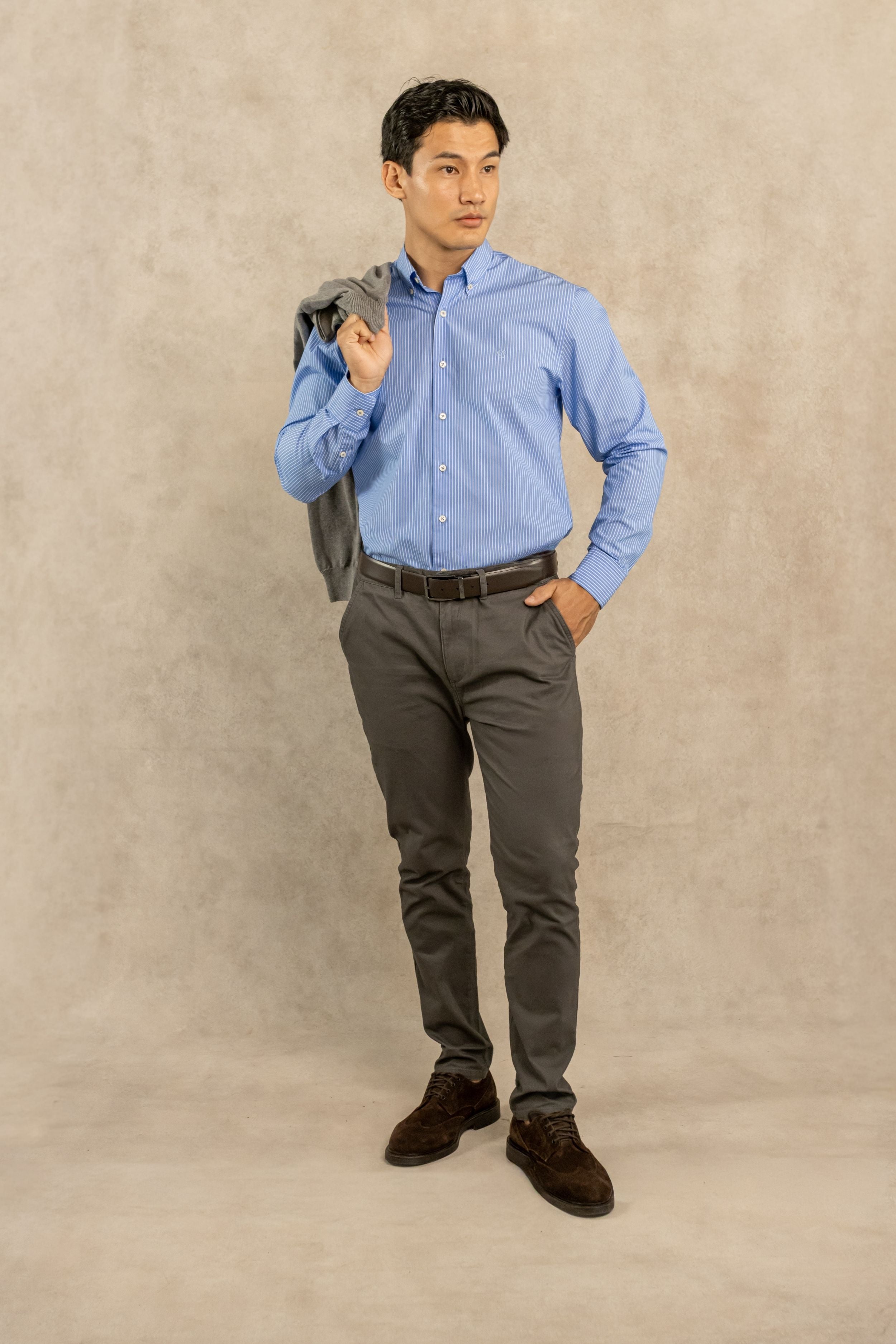 Camisa Antimanchas Popelina Rayas Azul Logo Contraste