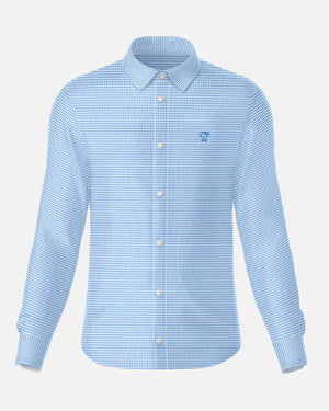 Camisa Performance cuadros azul claro antiarrugas para hombre marca DANTE tallaje regular fit foto mockup