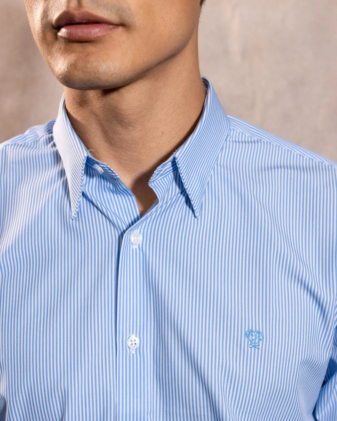 Camisa Performance rayas azul claro antiarrugas para hombre marca DANTE tallaje regular fit foto logo