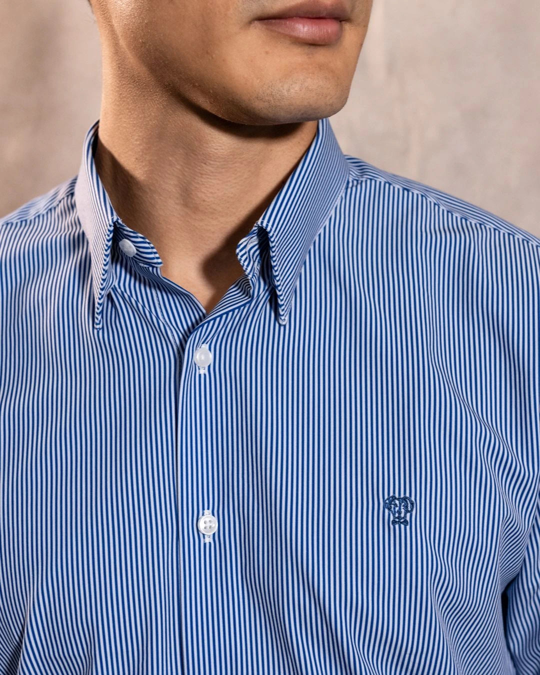 Camisa Performance rayas azul oscuro antiarrugas para hombre marca DANTE tallaje regular fit foto logo