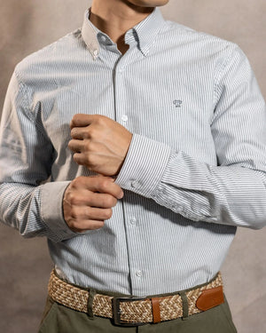 Camisa antimanchas Oxford Rayas Dark Grey Cornell marca DANTE para hombre regular fit foto camisa