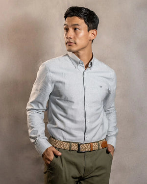 Camisa antimanchas Oxford Rayas Dark Grey Cornell marca DANTE para hombre regular fit foto modelo