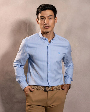 Camisa antimanchas Oxford Yale logo azul marca DANTE para hombre regular fit foto modelo