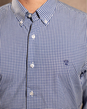 Camisa antimanchas Popelina Cuadros Azul Oscuro Berna para hombre marca DANTE tallaje regular fit foto logo