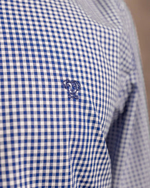 Camisa antimanchas Popelina Cuadros Azul Oscuro Berna para hombre marca DANTE tallaje regular fit foto tela clcose