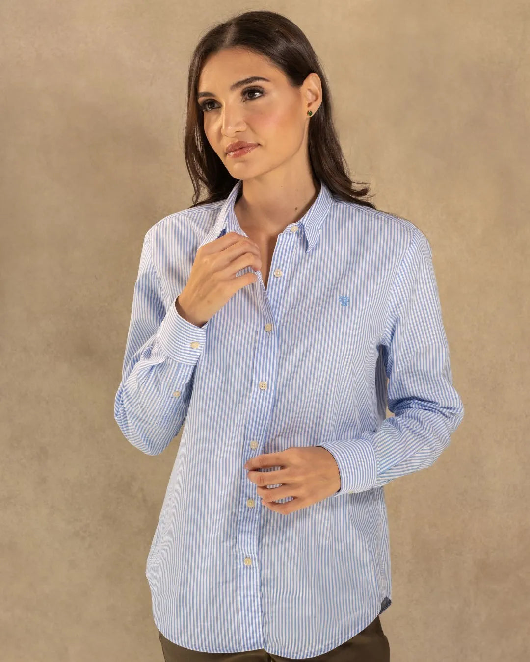 Camisa antimanchas Popelina Rayas yale de mujer marca DANTE tallaje regular fit foto modelo