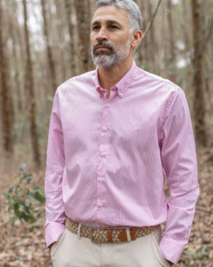 Camisa antimanchas popelina rayas rosadas para hombre marca DANTE tallaje regular fit foto yepes