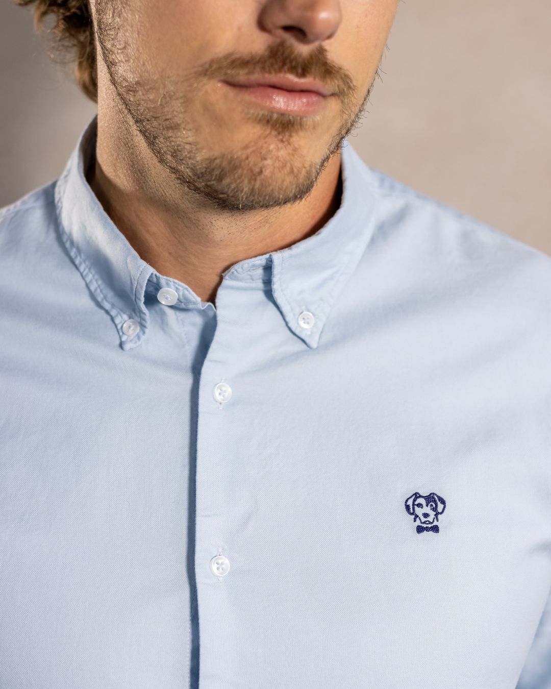 Camisa antimanchas tela algodón Oxford color azul Sky para hombre marca DANTE foto cerca