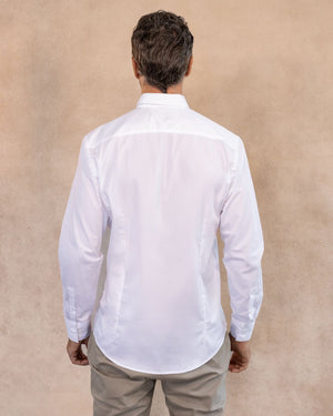 Camisa antimanchas tela algodón Popelina color blanco logo rosado para hombre marca DANTE foto espalda