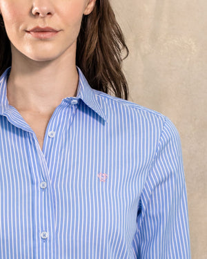 Camisa antimanchas tela algodon Oxford rayas color azul Princeton para mujer marca regular fit DANTE foto logo