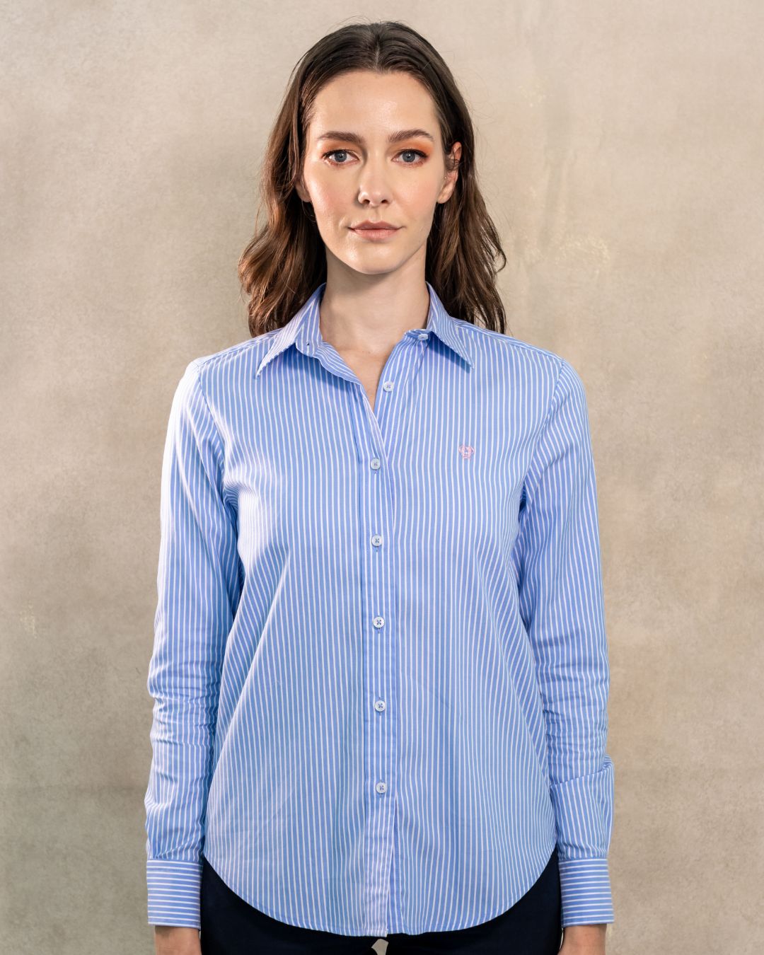 Camisa antimanchas tela algodon Oxford rayas color azul Princeton para mujer marca regular fit DANTE foto modelo