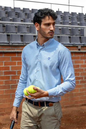 Camisa antimanchas tela algodon Oxford rayas color azul Yale para hombre marca regular fit DANTE foto lifestyle