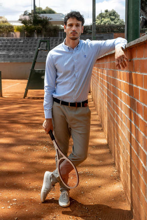 Camisa antimanchas tela algodon Oxford rayas color azul Yale para hombre marca regular fit DANTE foto lifestyle 3