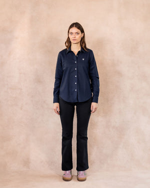 Camisa antimanchas tela algodon oxford color azul oscuro para mujer marca regular fit DANTE foto completa