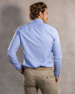 Camisa antimanchas tela algodon oxford rayas color azul Princeton para hombre marca regular fit DANTE foto espalda