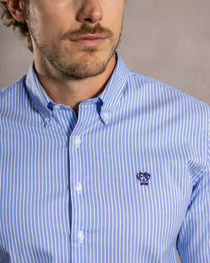 Camisa antimanchas tela algodon oxford rayas color azul Princeton para hombre marca regular fit DANTE foto logo