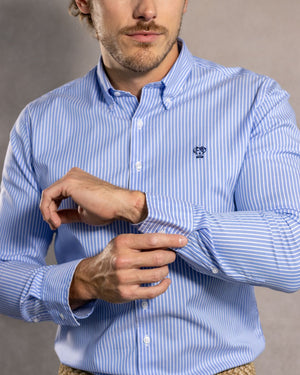 Camisa antimanchas tela algodon oxford rayas color azul Princeton para hombre marca regular fit DANTE foto manga