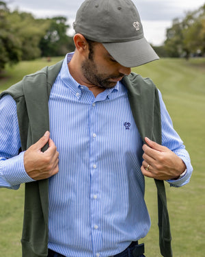 Camisa antimanchas tela algodon oxford rayas color azul Princeton para hombre marca regular fit DANTE foto modelo 2