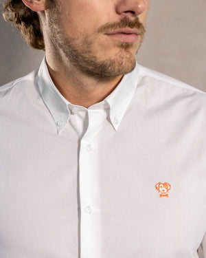 Camisa antimanchas tela algodon popelina color blanco logo coral para hombre marca regular fit DANTE foto cerca