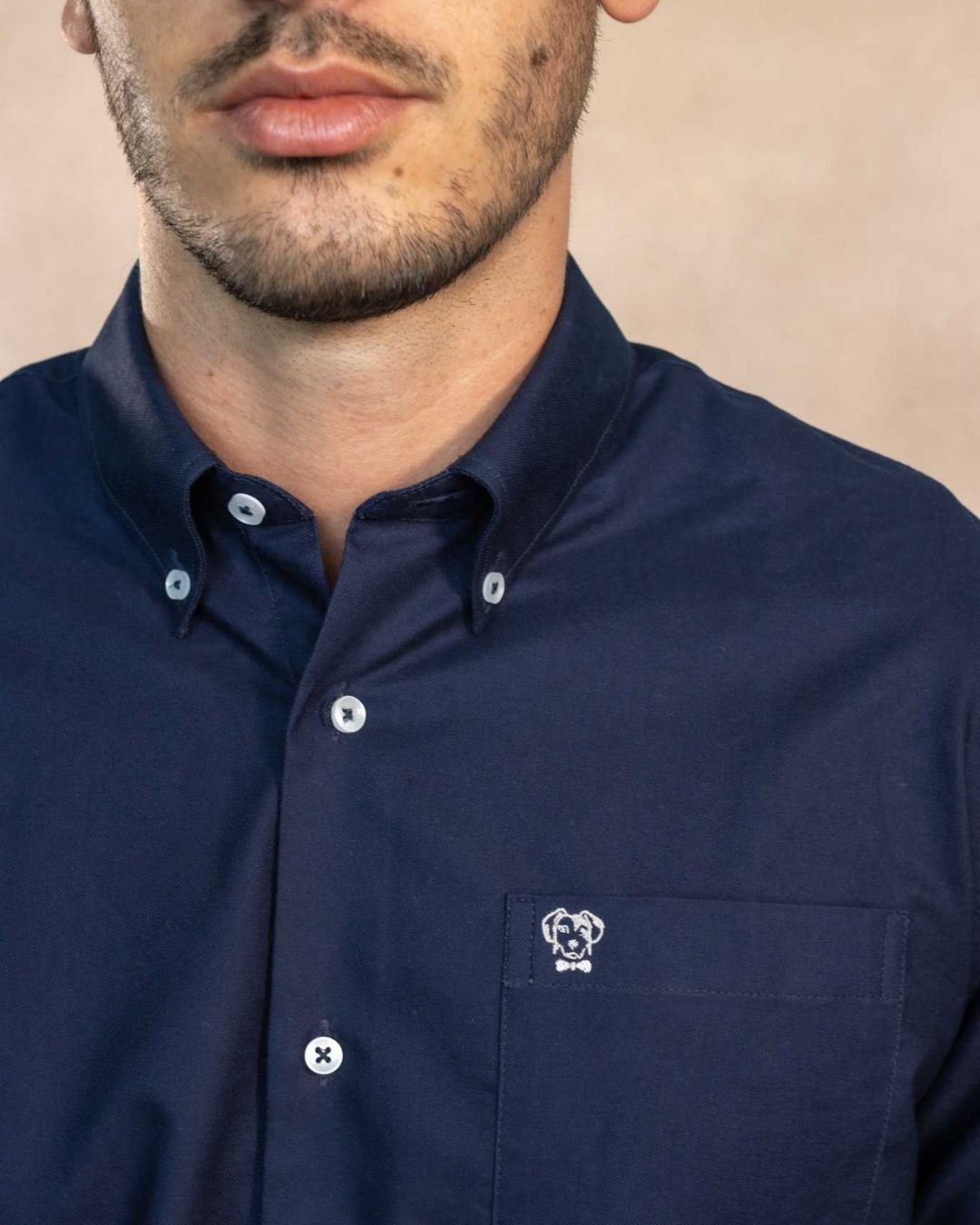 Camisa antimanchas tela algodon popelina con bolisllo color azul oscuro para hombre marca regular fit DANTE foto logo