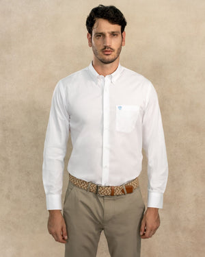 Camisa antimanchas tela algodon popelina con bolsillo color blanco para hombre marca regular fit DANTE foto modelo