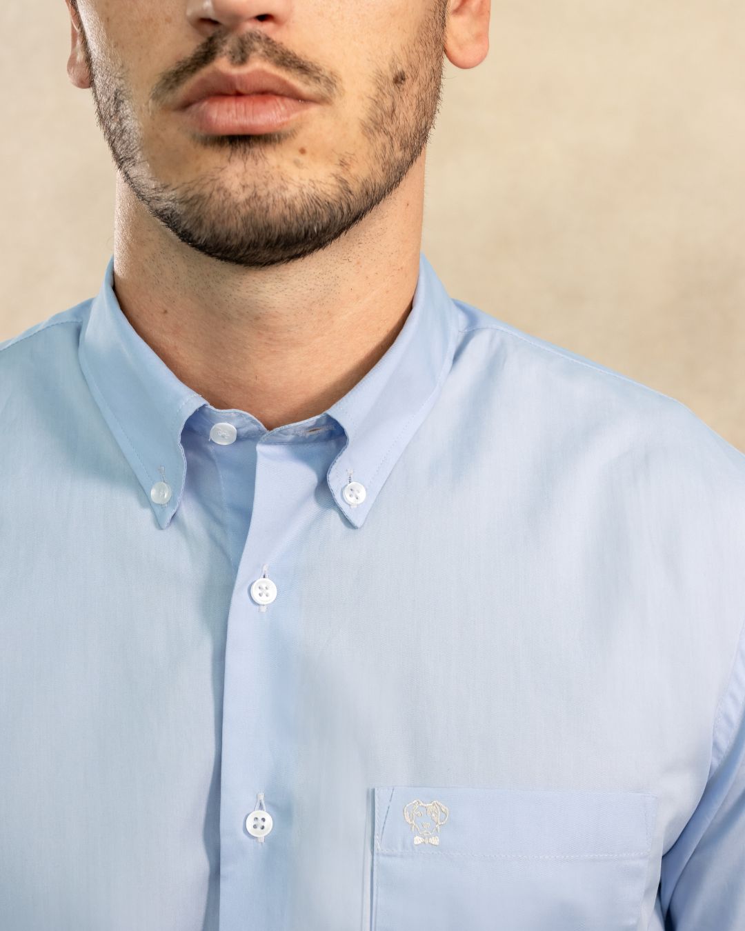 Camisa antimanchas tela algodon popelina con bolsillo color light Blue para hombre marca regular fit DANTE foto cerca