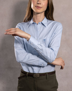 Camisa antimanchas tela algodon popelina con bolsillo color light Blue para mujer marca regular fit DANTE foto manga