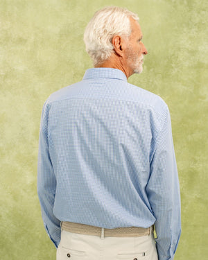 Camisa antimanchas tela algodon popelina cuadro color azul claro para hombre marca regular fit DANTE foto espalda