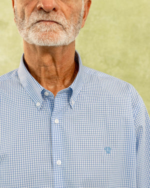 Camisa antimanchas tela algodon popelina cuadro color azul claro para hombre marca regular fit DANTE foto logo