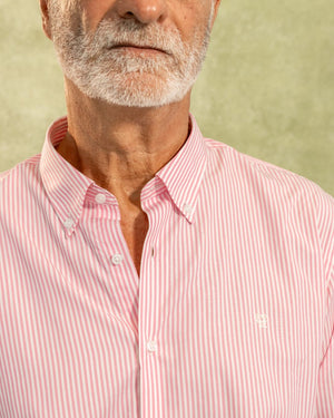 Camisa antimanchas tela algodon popelina rayas color rosado para hombre marca regular fit DANTE foto logo