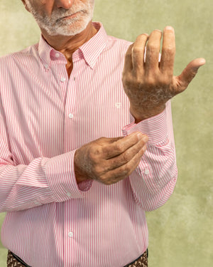 Camisa antimanchas tela algodon popelina rayas color rosado para hombre marca regular fit DANTE foto manga