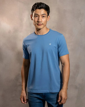 Camiseta antimanchas Azul Chino para hombre marca DANTE tallaje regular fit foto modelo