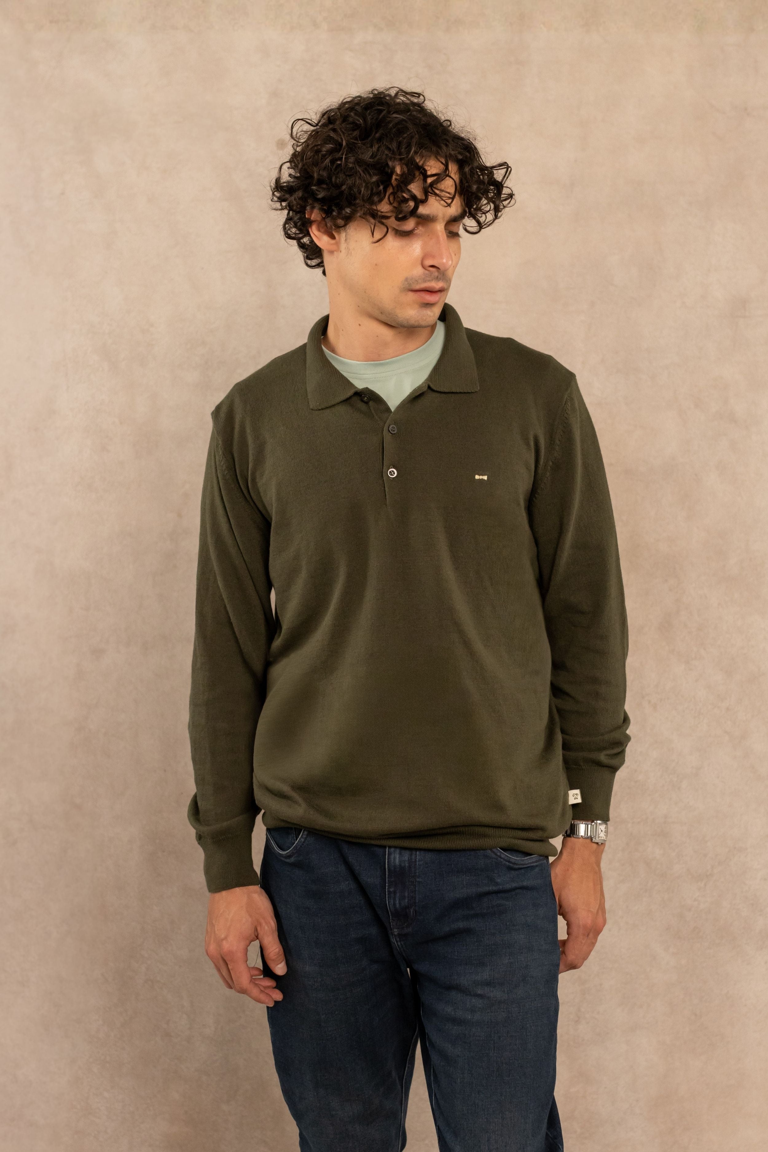 Polo Tejido Manga Larga Verde Militar