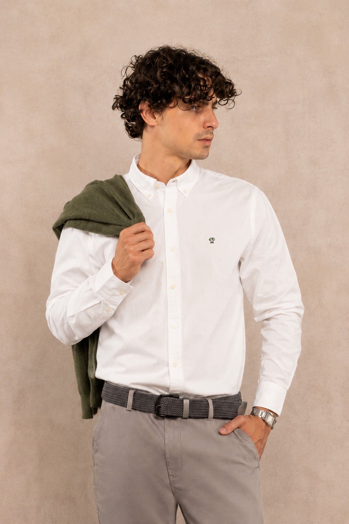 Camisa Popelina Blanco Logo Verde Olive Bordado Regular Fit