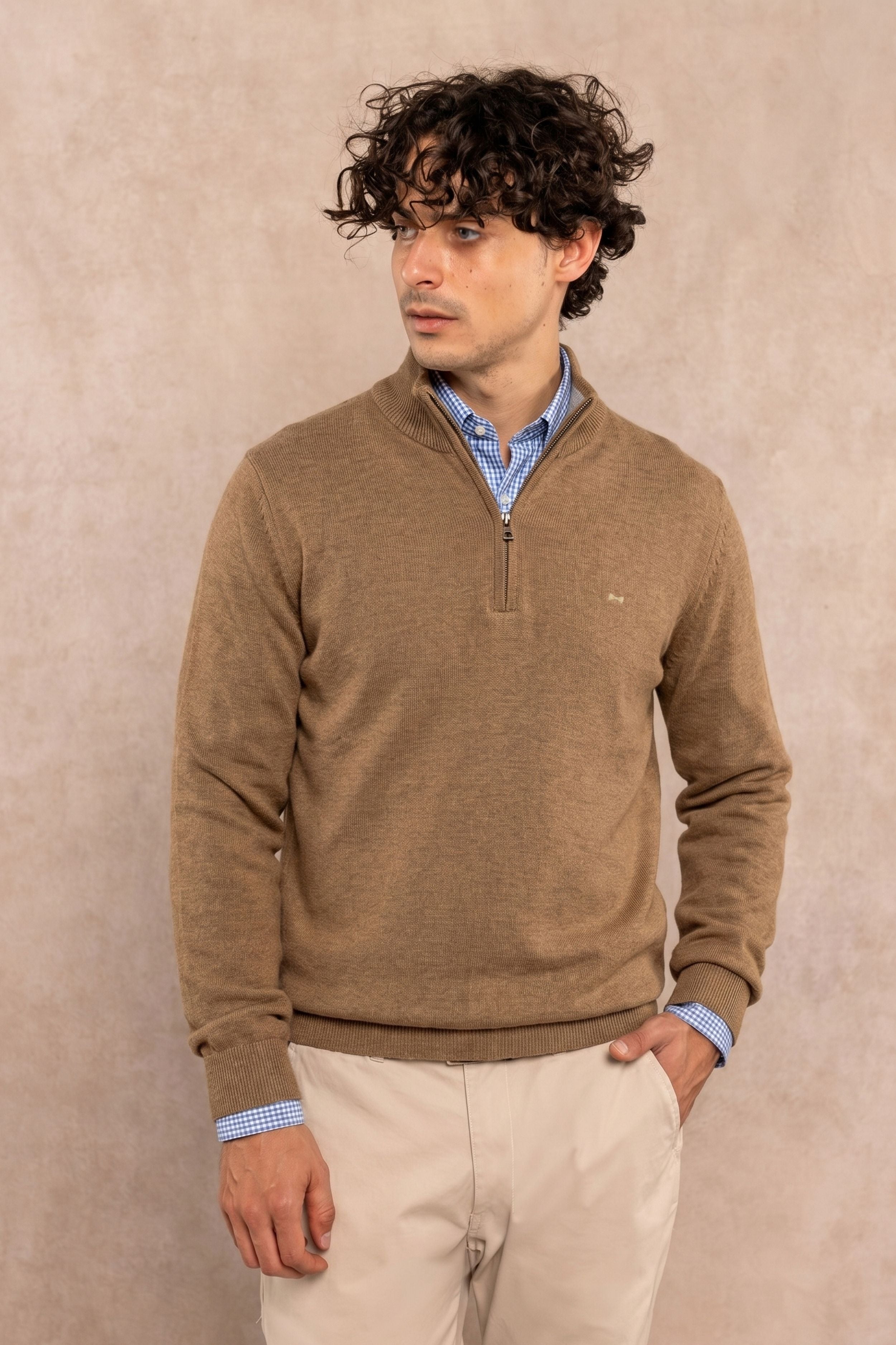Halfzip Algodon Peinado Antiarrugas Camel